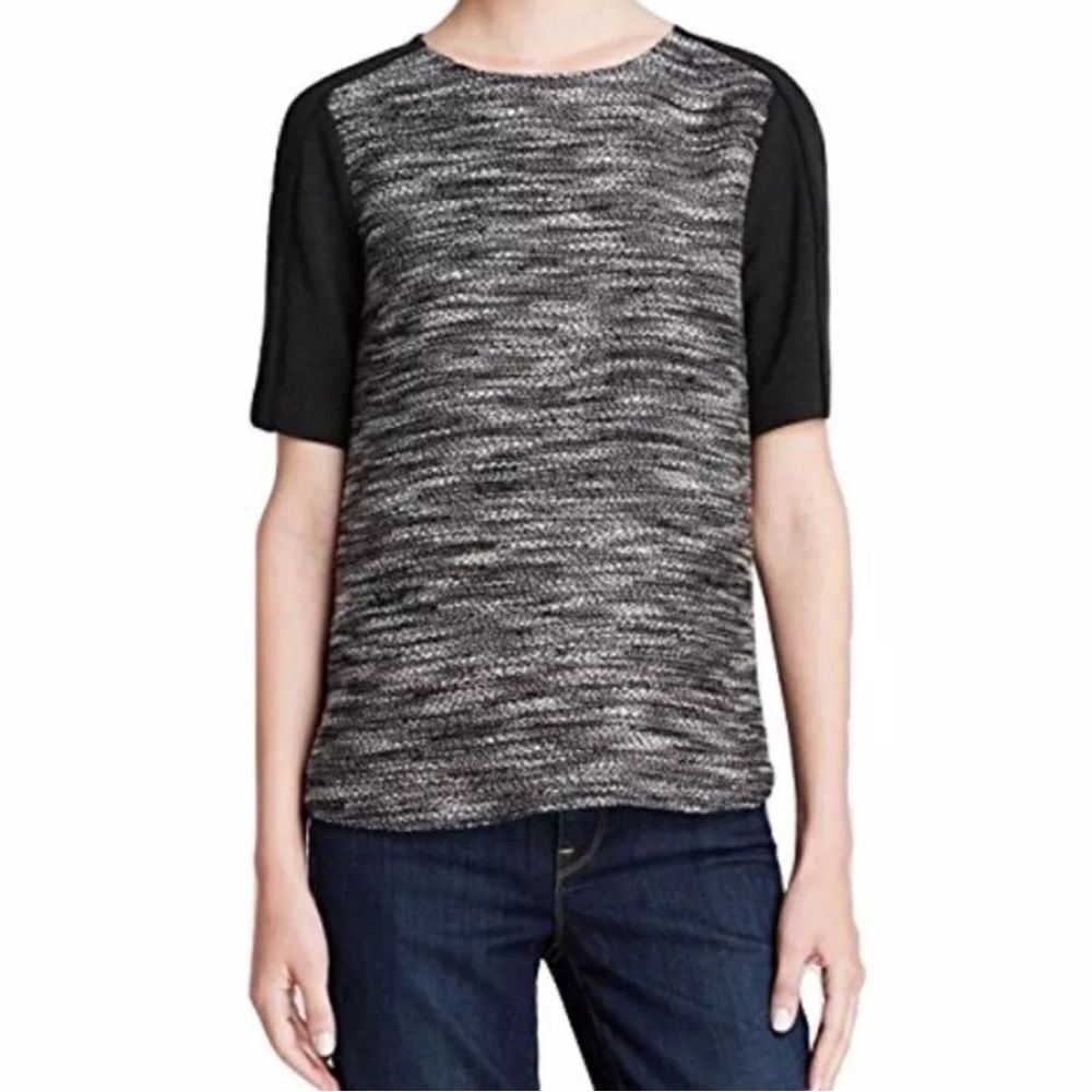 VINCE Black Gray Textured Tweed Stretch Boxy Fit Short Sleeve Shirt S